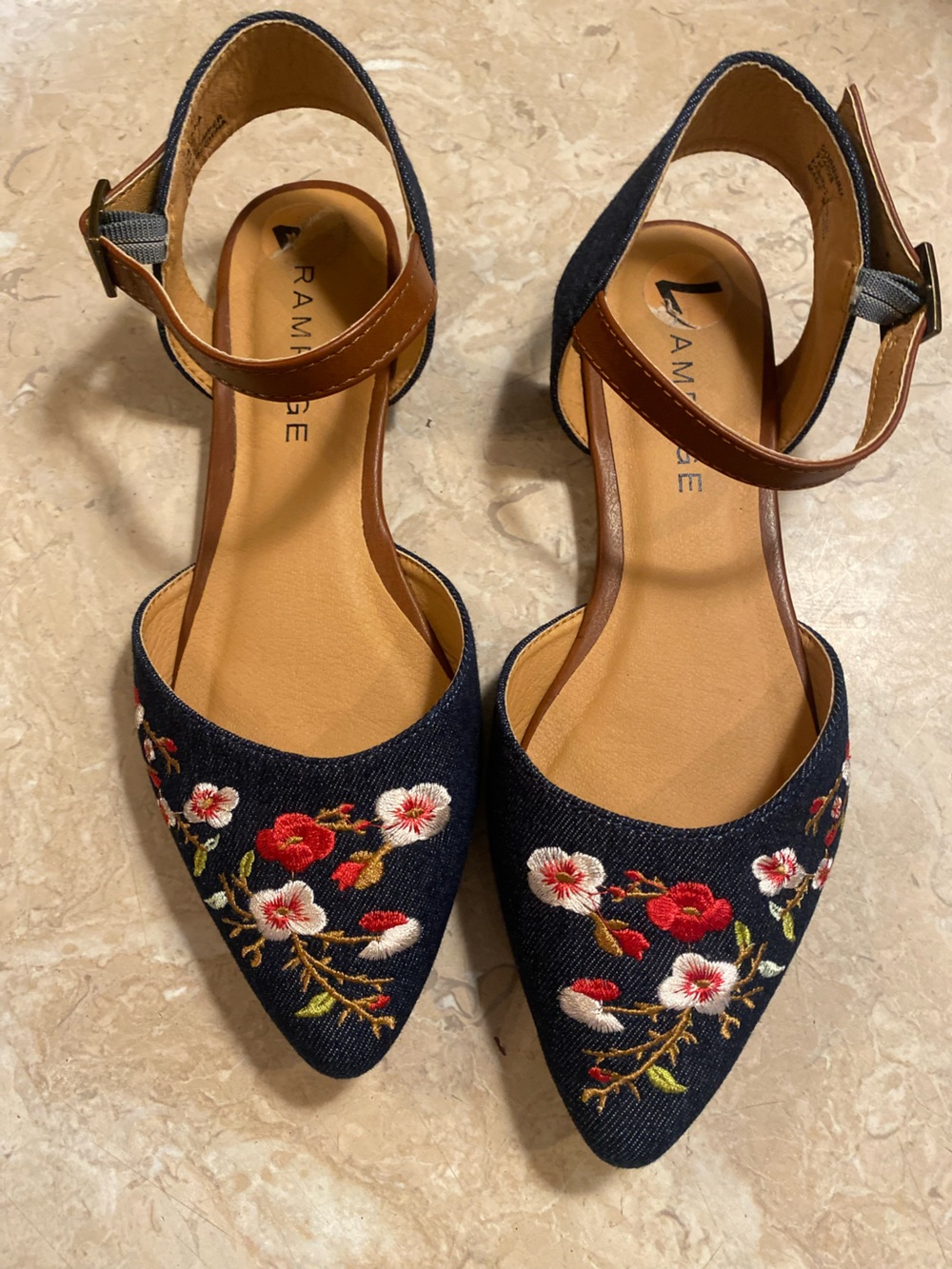 Rampage Navy Embroidered Floral Pointed Flats with Brown Ankle Strap
